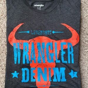 Wrangler Charcoal Short-Sleeve Graphic Tee with Blue & Orange Print
